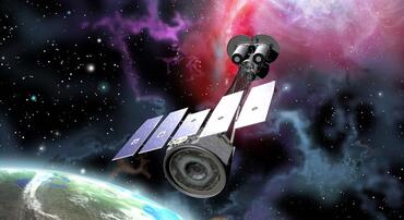 A long boom extends from a cylindrical telescope floating above Earth.  At the end of the spacecraft’s boom are three converging circular mirrors, like petals on a flower.