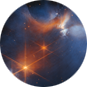 Fuzzy smudges of brown and blue with dark streaks and a star