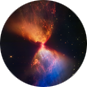 An hourglass shape colored orange at the top with blue at the bottom against a black background. A very thin black line crosses the neck of the hourglass.