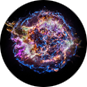 A complex, roughly spherical structure made of ribbons and strands of purple, blue, and yellow all interwoven with a complicated structure.