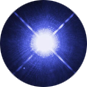 A fuzzy white sphere surrounded by  blue glow with four spikes emanating from the center towards the corners.